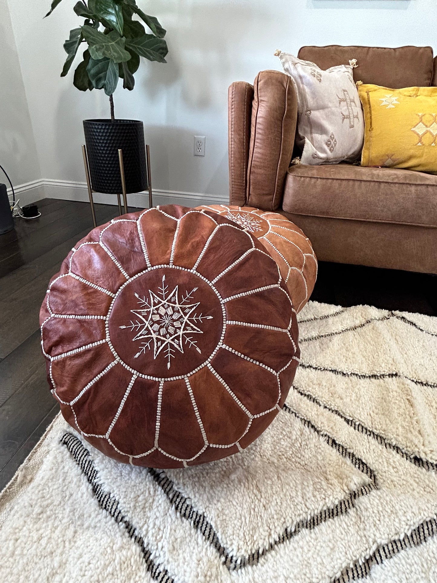 Moroccan Leather Pouf in Brown